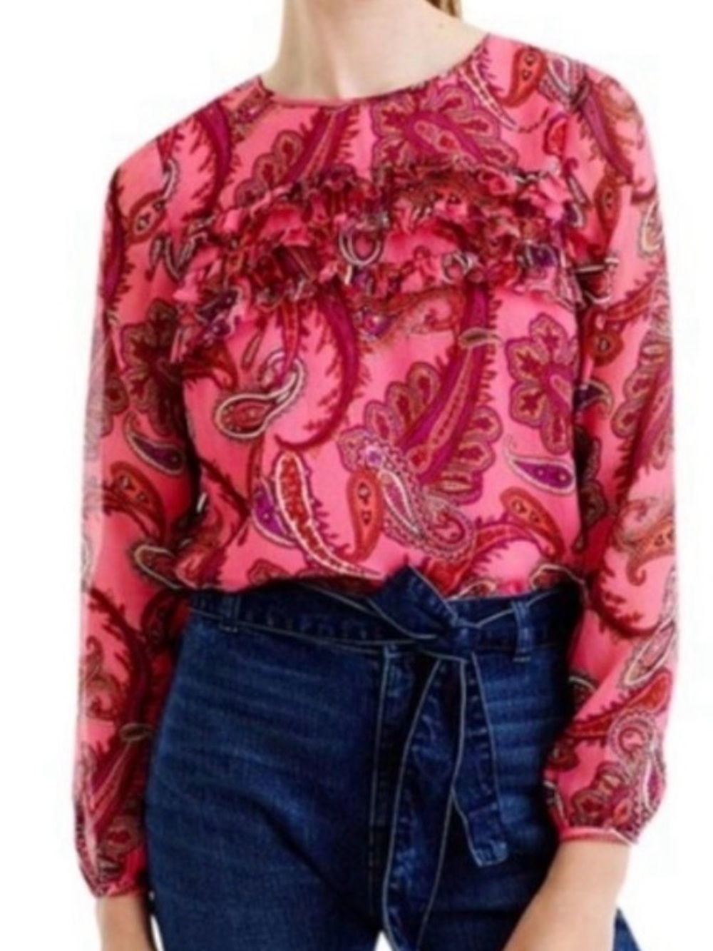 J. Crew Pink Paisley Ruffle-Trim Long Sleeve Silk Blouse size 2